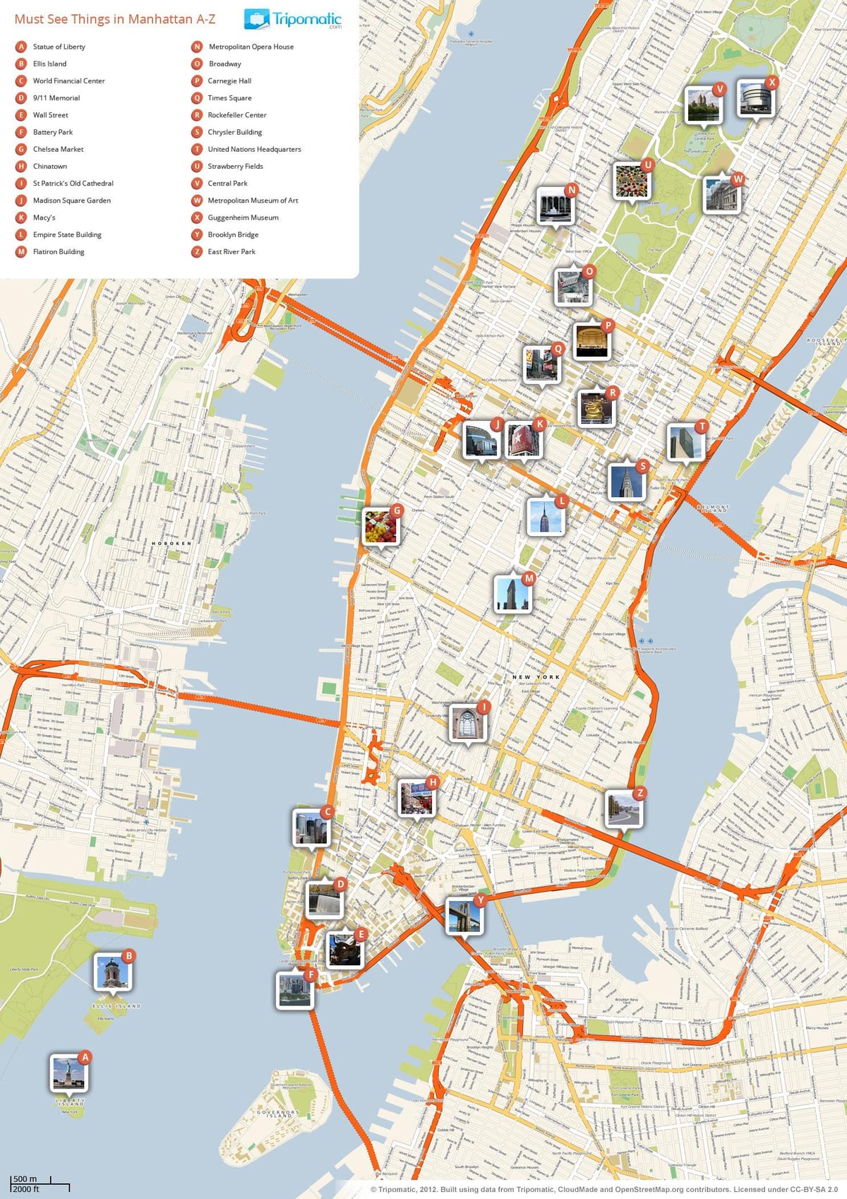 mapa de Manhattan mostrando lugares de interés turístico