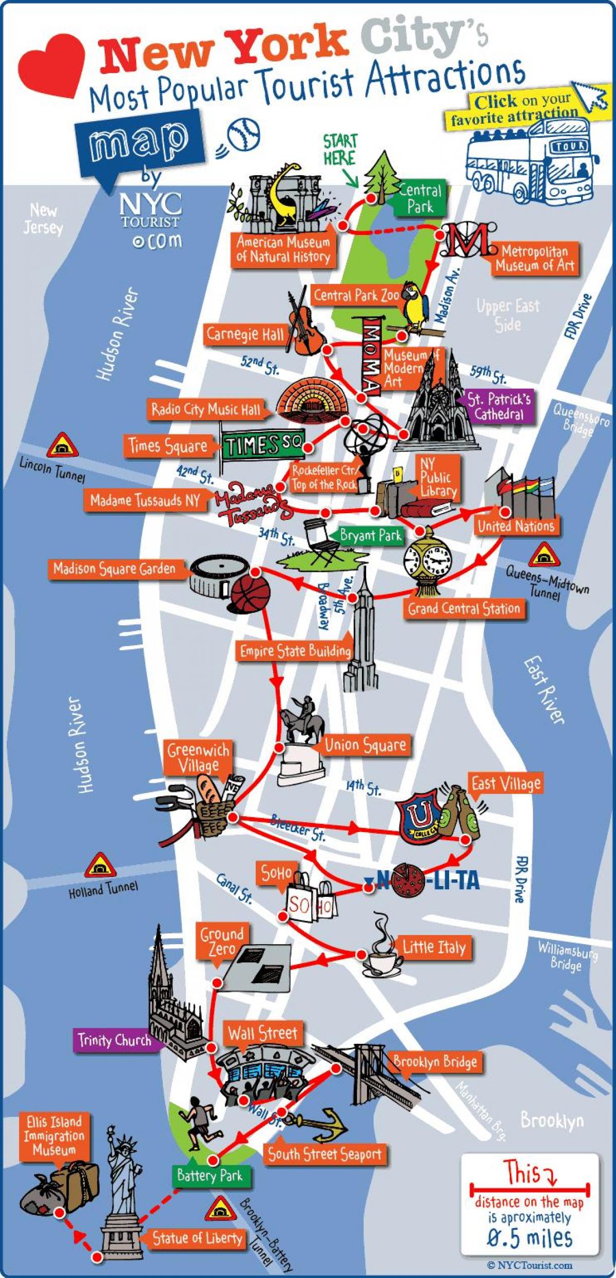 mapa de Manhattan atracciones en Nueva York