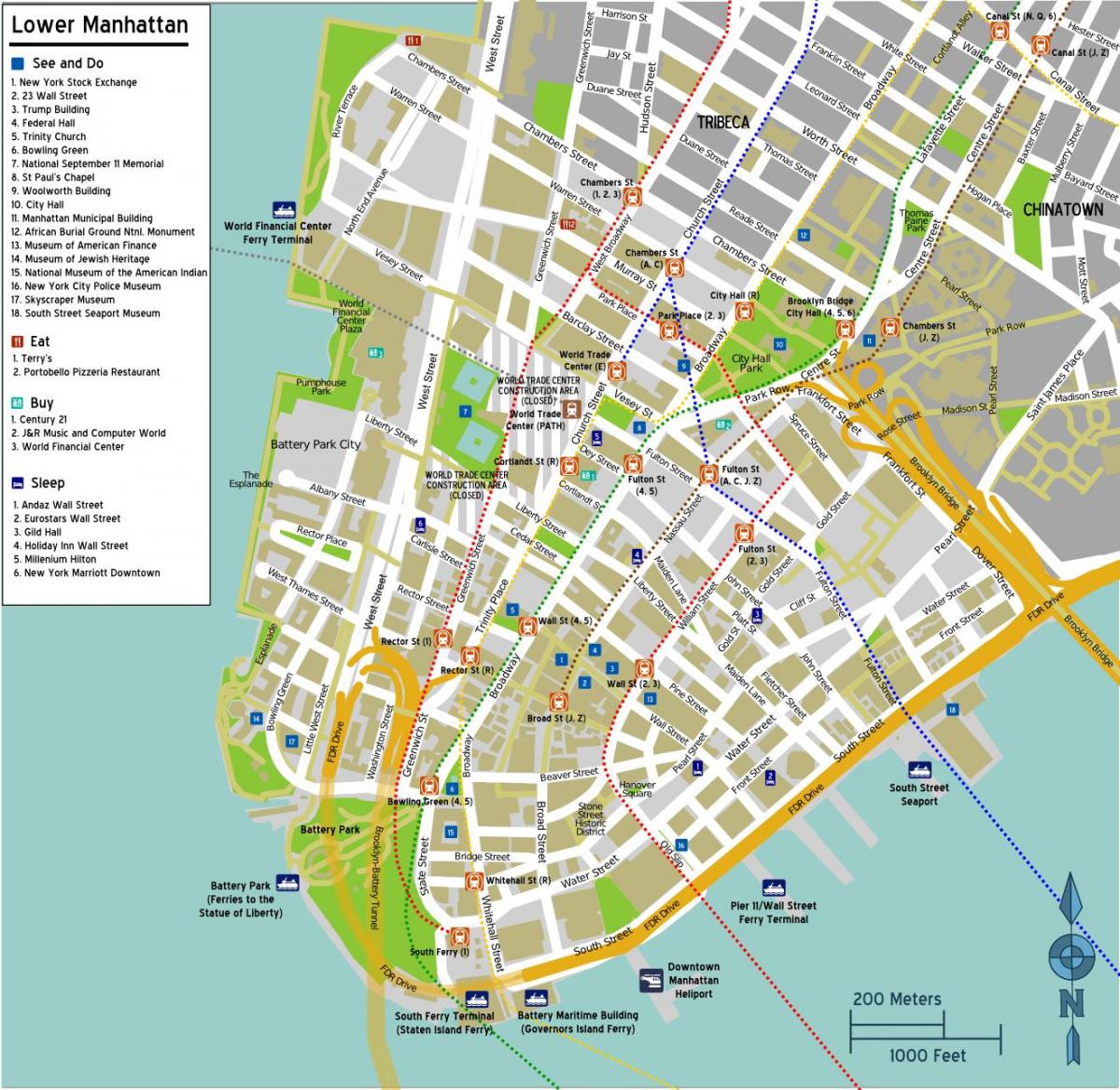 mapa del bajo Manhattan con los nombres de las calles